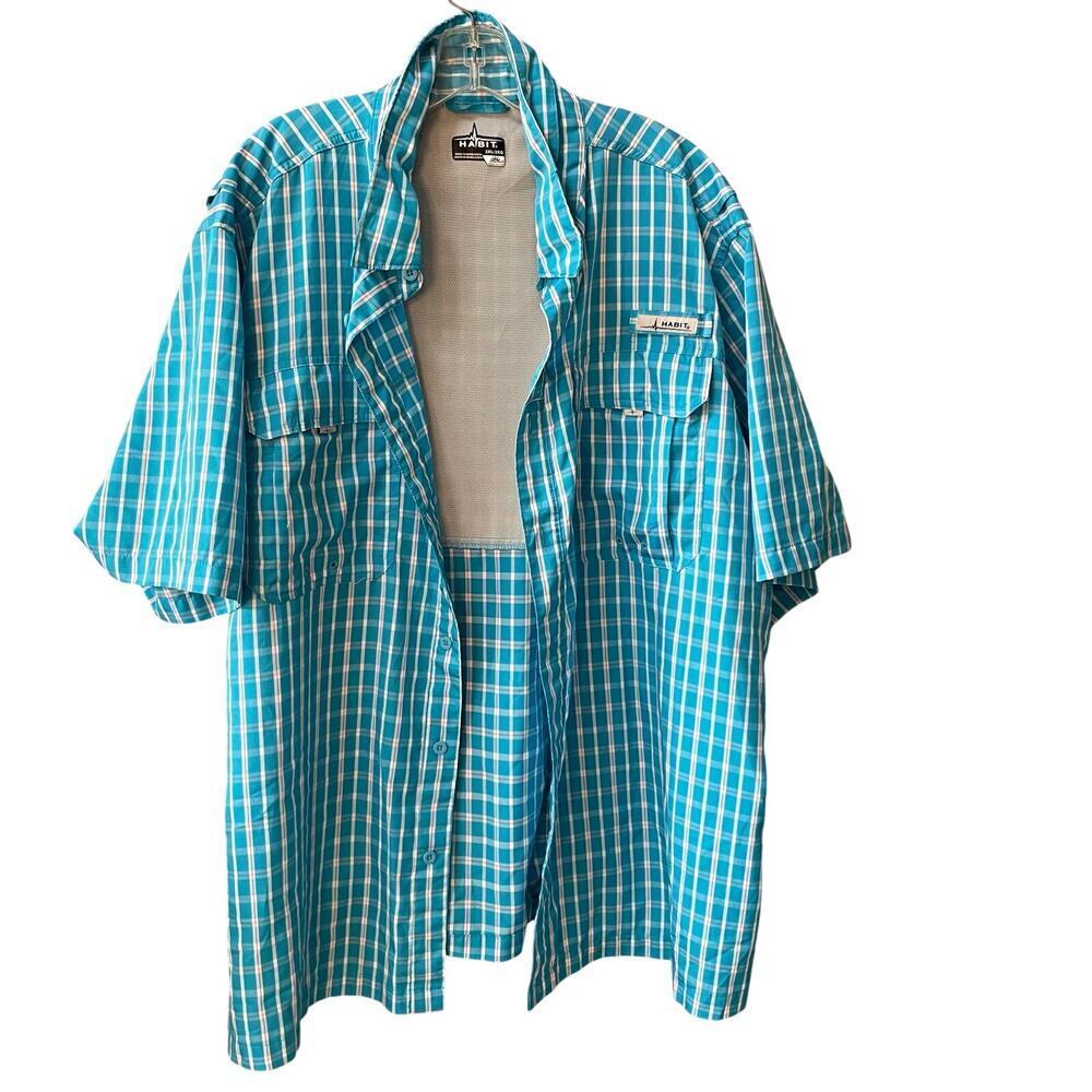 Habit Fishing Shirt Mens Size 2XL Blue Plaid Aqua Lightweight Button Down